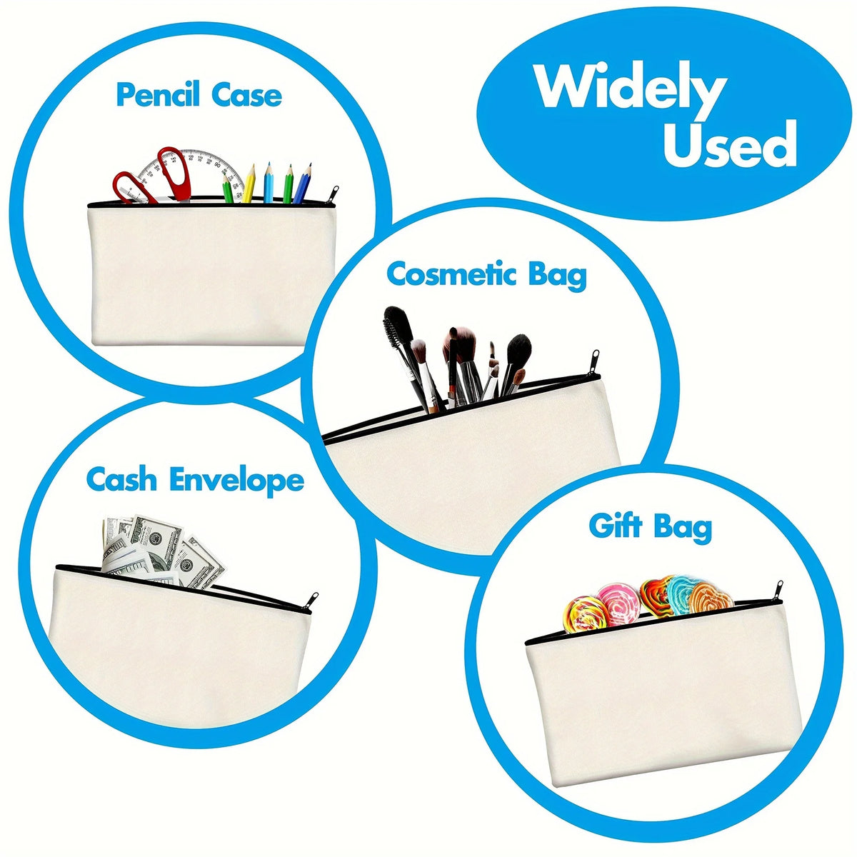 A collection of various fabric pouches and envelopes used for travel organization, including a pencil case, cosmetic bag, cas