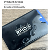 A black plastic card sleeve with an RFID protection logo and text indicating waterproof and stain-proof features.