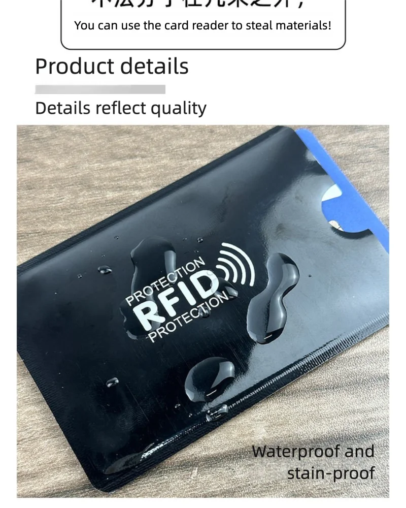 A black plastic card sleeve with an RFID protection logo and text indicating waterproof and stain-proof features.