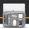 A gray laptop sleeve for a MacBook containing various pens, cables, and an iPhone.