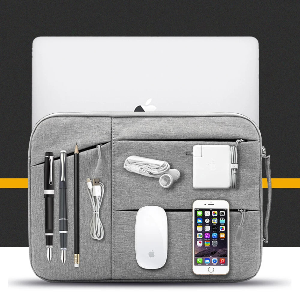 A gray laptop sleeve for a MacBook containing various pens, cables, and an iPhone.