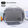 A gray insulated portable lunch bag with a shoulder strap is shown on a white surface.