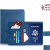 Cartera de cuero PU azul para pasaporte mostrando un documento y una advertencia de no escanear.