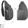 A dark gray crossbody sling bag designed to carry a tablet and water bottle.