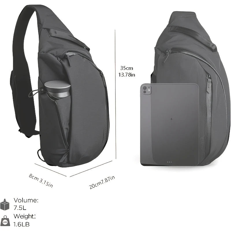 A dark gray crossbody sling bag designed to carry a tablet and water bottle.