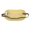A yellow invisible waist pack with a brown strap and a zipper visible on the top.