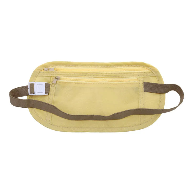 A yellow invisible waist pack with a brown strap and a zipper visible on the top.