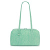 A mint green leopard print nylon shoulder tote bag with a long strap.