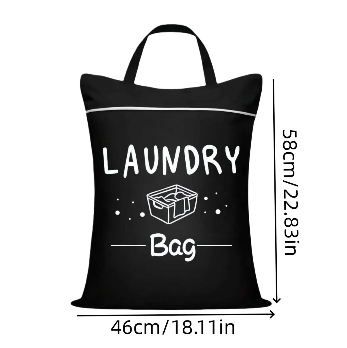 Black laundry bag with a handle shown against a white background.