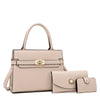 A light pink luxury women's handbag with gold hardware and a matching clutch.