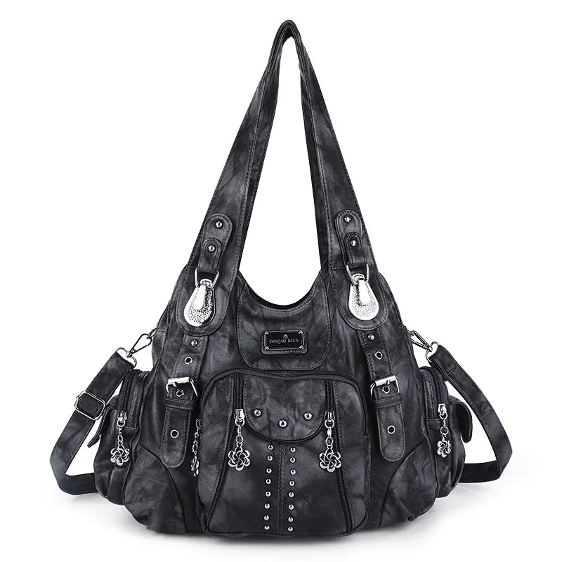 A black vintage PU leather hobo shoulder bag with silver hardware and chain details.