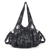 A black vintage PU leather hobo shoulder bag with silver hardware and a drawstring closure.