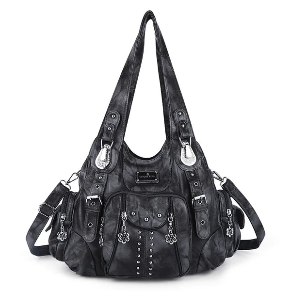 A black vintage PU leather hobo shoulder bag with silver hardware and a drawstring closure.