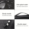 Black leather cable storage organizer bag featuring an anti-splash water feature, sturdy handle, and double zipper.