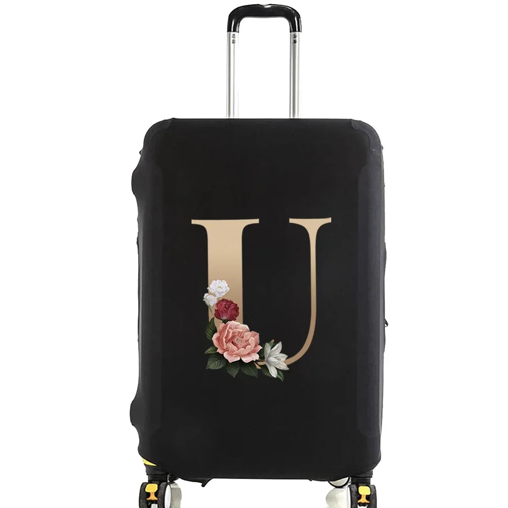 Black premium elastic luggage protective cover with a gold initial U design