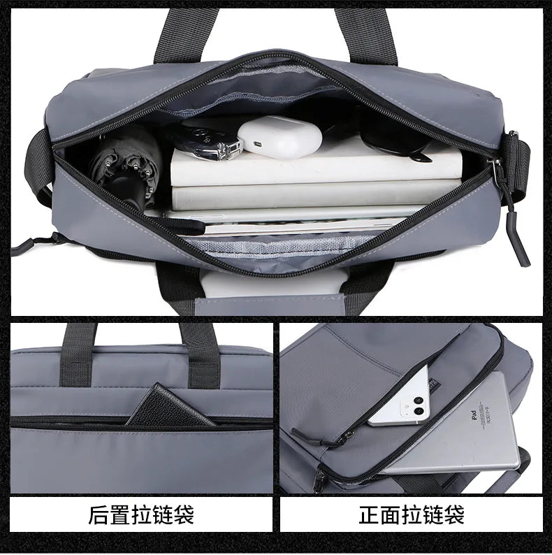 Mochila bandolera gris horizontal, mostrando interior y exterior.