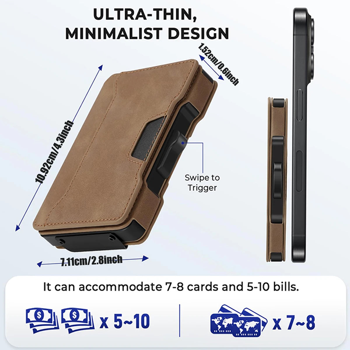 A close-up view of a ultra-thin minimalist wallet in tan leather with a black magnetic closure and a slim metal card holder.