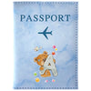 A light blue passport card holder featuring a vintage letter print design with an airplane and an initial letter A.