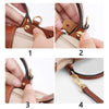Four steps showing how to attach a durable brown leather crossbody strap to a piece of fabric.