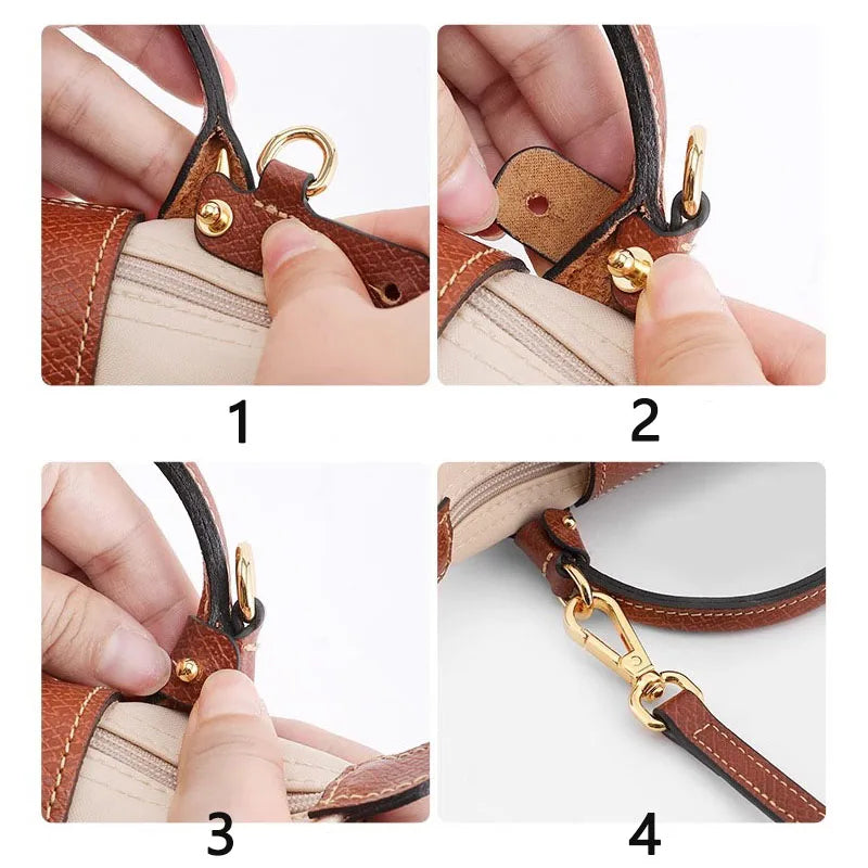 Four steps showing how to attach a durable brown leather crossbody strap to a piece of fabric.