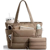 A beige quilted multi-compartment tote bag with a handle and various pockets.