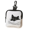 A black cat illustration on a white fabric coin purse with a black strap.