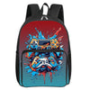 A black backpack featuring a vibrant cartoon illustration of a video game controller and colorful paint splatters on a red ba