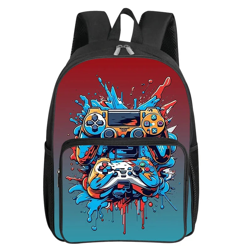 A black backpack featuring a vibrant cartoon illustration of a video game controller and colorful paint splatters on a red ba