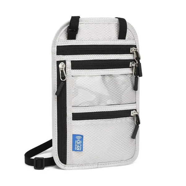 A white RFID-blocking travel neck wallet with adjustable straps and multiple zippered compartments.