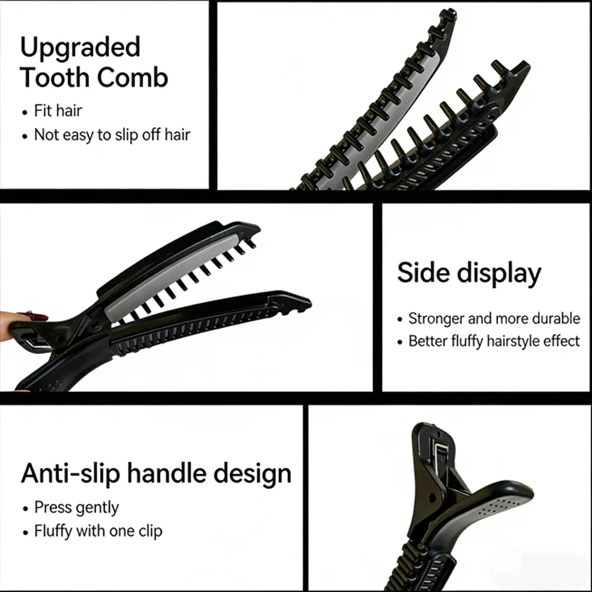 Un ensemble de pinces à cheveux professionnelles noires antidérapantes, montrant différentes vues et des détails comme des de