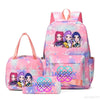 A pink multi-compartment backpack set featuring anime-style characters on a floral pattern.