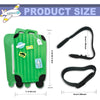 A green luggage tag shaped like an airplane is shown next to its size dimensions.