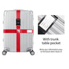 Silver suitcase with a red cross strap and a trunk table pocket for writing information