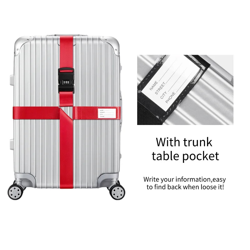 Silver suitcase with a red cross strap and a trunk table pocket for writing information