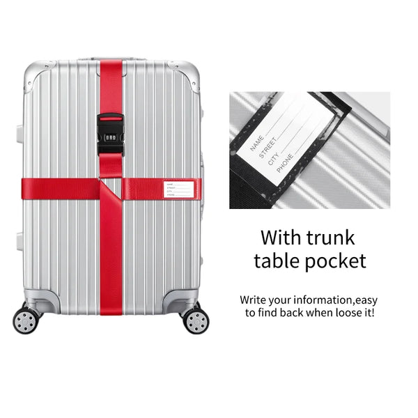 Silver suitcase with a red cross strap and a trunk table pocket for writing information