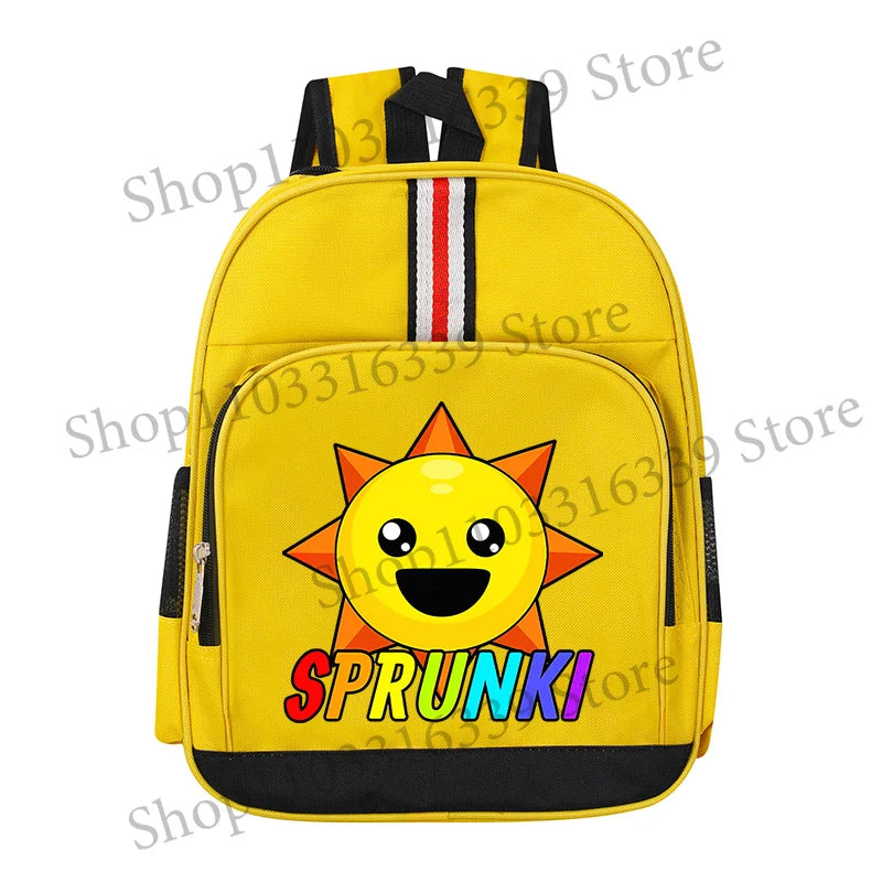 Yellow cartoon anime backpack featuring a smiling sun design and the word SPRUNKI