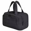 Bolsa impermeable de tocador negra con múltiples bolsillos y correa para llevar.