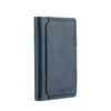 Portefeuille en cuir bleu foncé avec bords cousus et profil mince.
