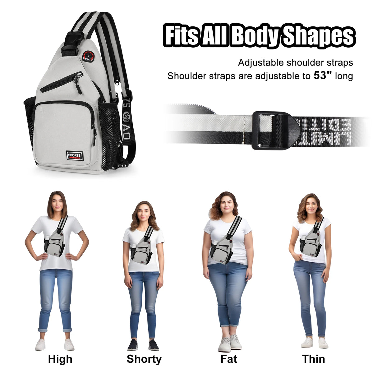 A multi-use adjustable chest and shoulder bag shown with various body types demonstrating its fit.