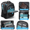 A black laptop backpack showing various compartments including hidden zip pockets, front pocket, and a large main bag.