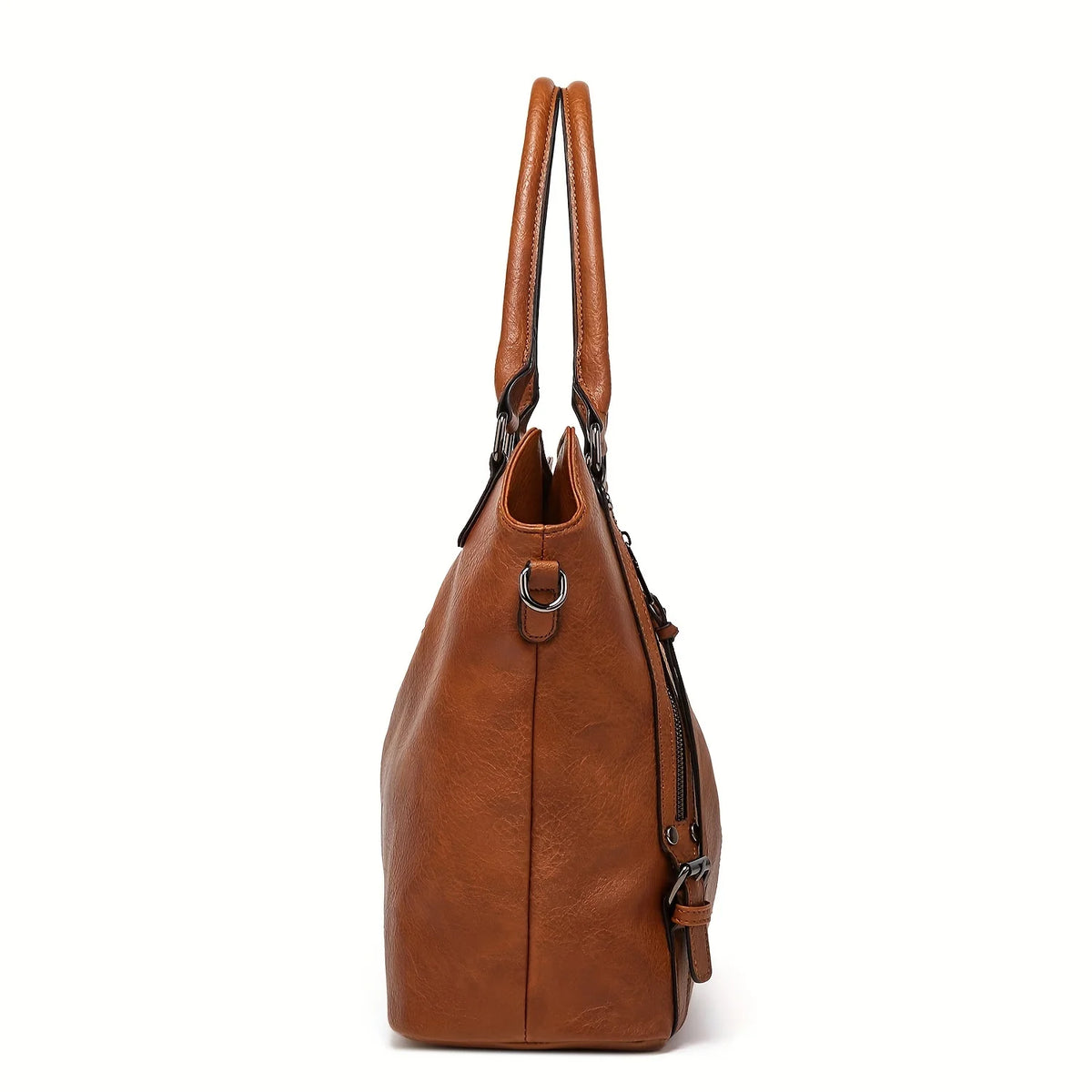 A brown PU leather crossbody tote bag with long handles shown against a white background.