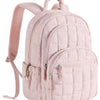 A light pink quilted laptop backpack with pink straps and zippers.