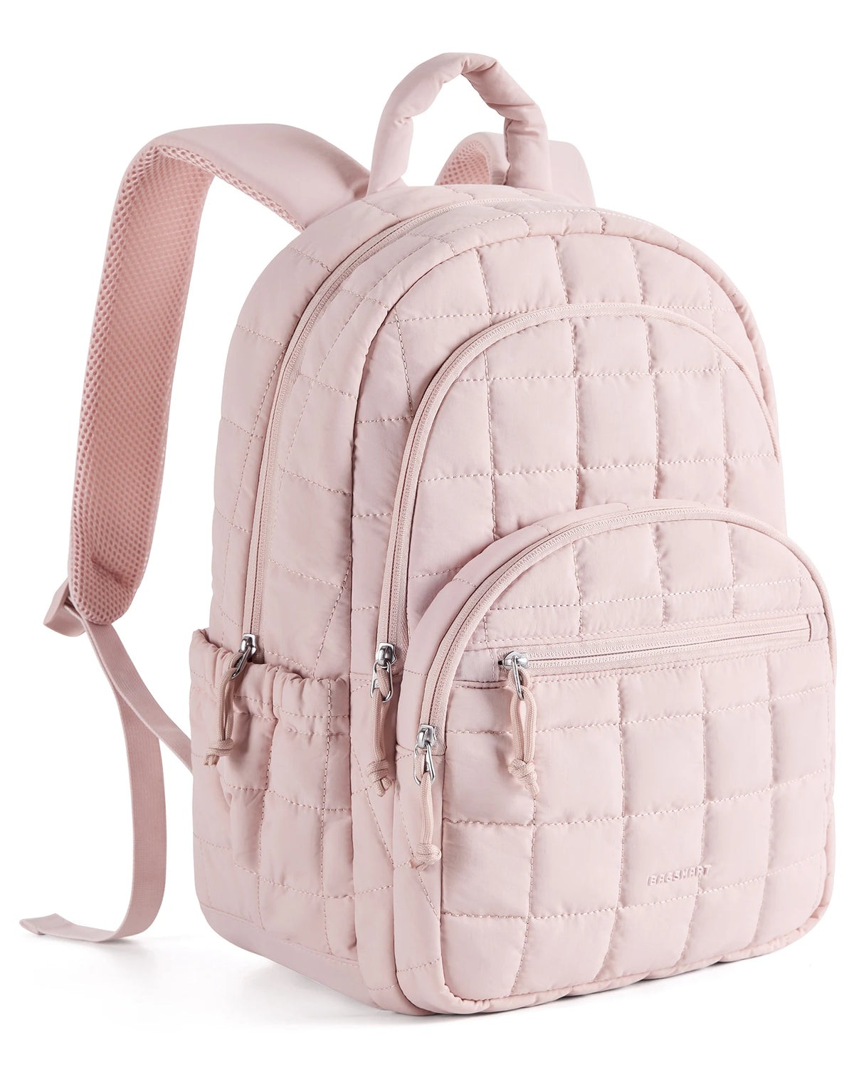 A light pink quilted laptop backpack with pink straps and zippers.