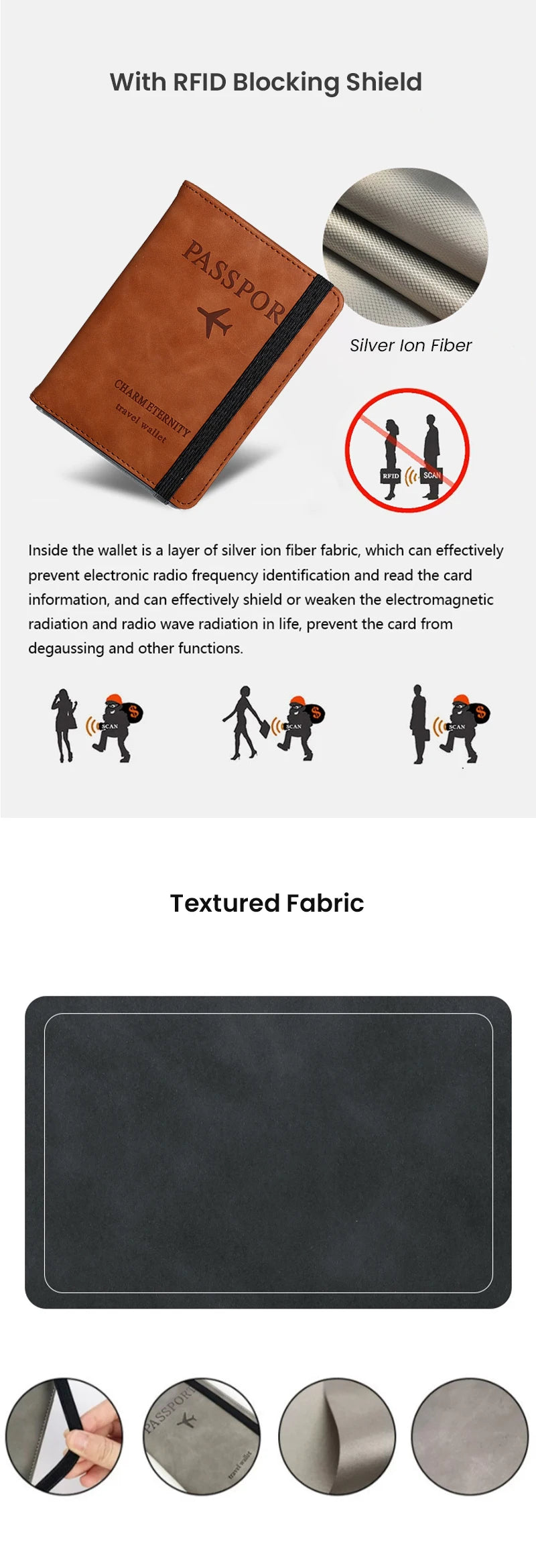 A brown leather passport wallet with an RFID blocking shield and a textured fabric background.