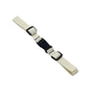 A beige and black adjustable tactical backpack chest strap harness.
