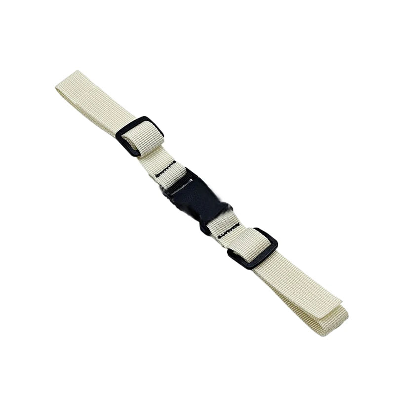 A beige and black adjustable tactical backpack chest strap harness.