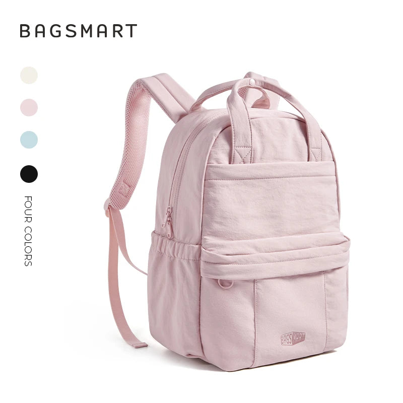 A light pink women's lightweight backpack designed for laptop and daily essentials.