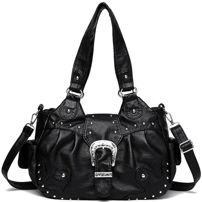 Schwarze Vintage-Soft-PU-Leder-Schultertasche mit silberner Hardware