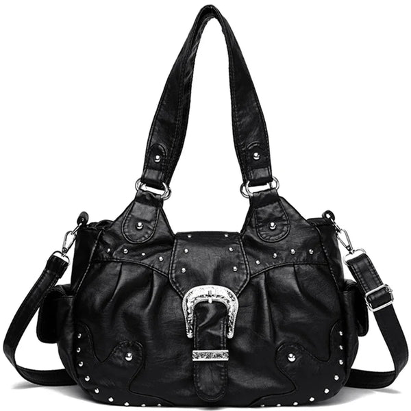 Black vintage soft PU leather shoulder bag with silver hardware