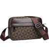 A dark brown men's PU leather shoulder bag with a wide strap featuring a geometric pattern.